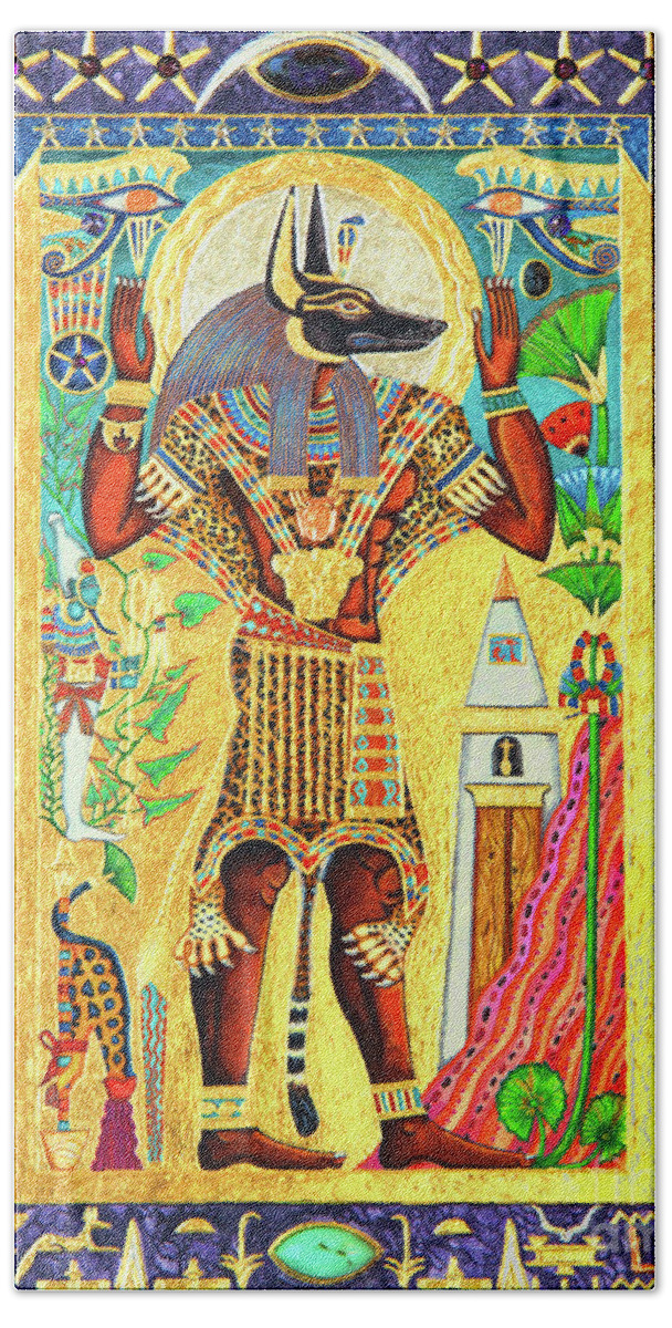 Anpu Bath Towel featuring the mixed media Anpu Lord of the Sacred Land by Ptahmassu Nofra-Uaa