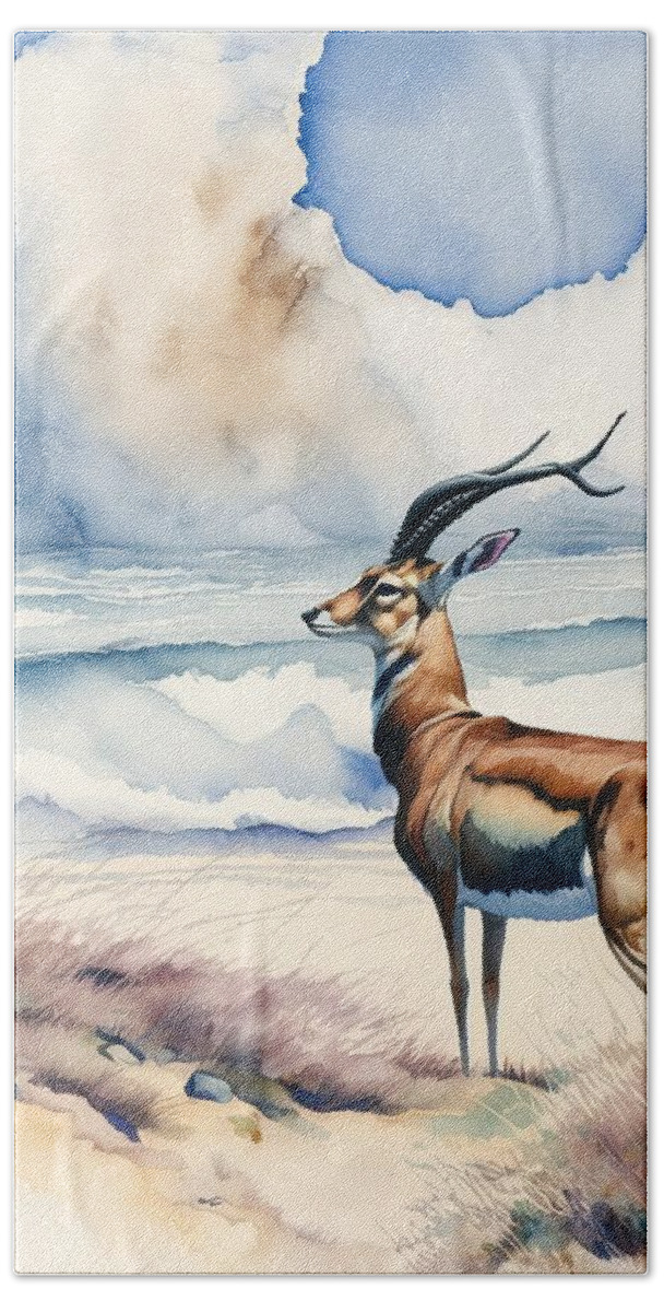 Horns Hand Towel featuring the painting Antelope at the beach by N Akkash