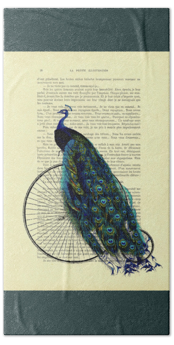 Peacock Hand Towel featuring the mixed media Antique bike with peacock by Madame Memento