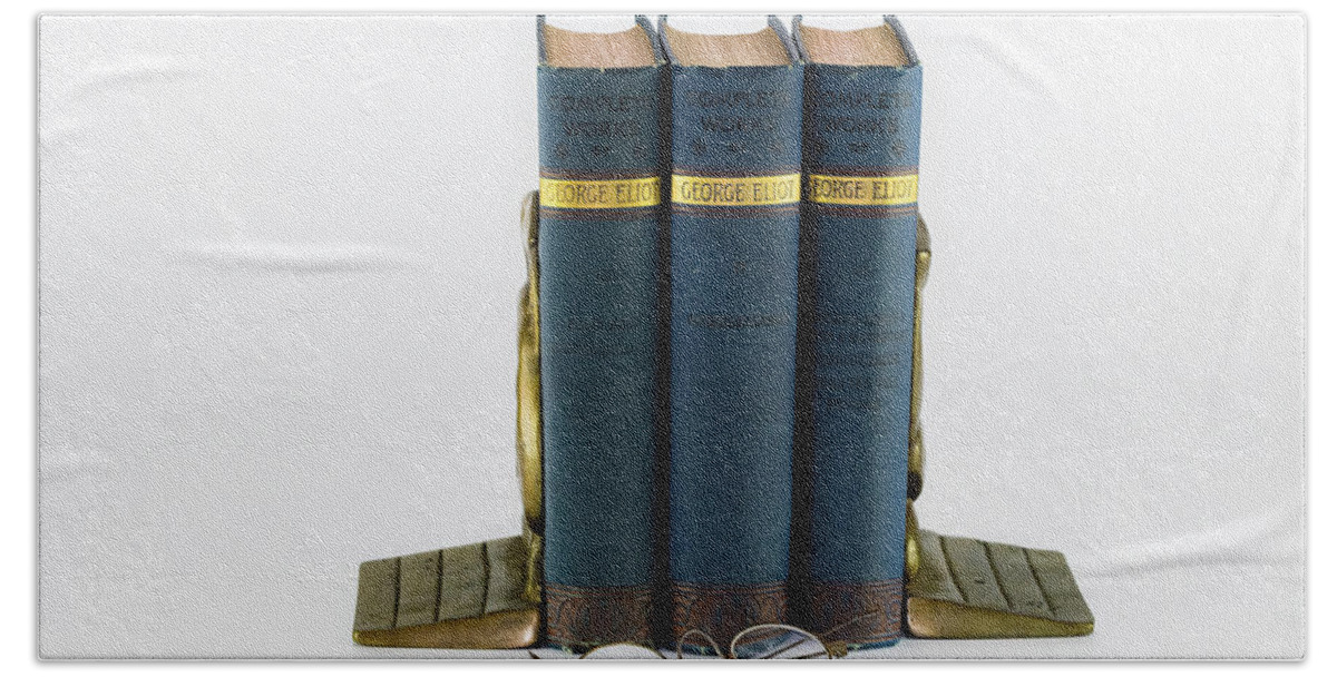 Antique Bath Towel featuring the photograph Antique Books in Book Ends with Eyeglasses by Jack R Perry