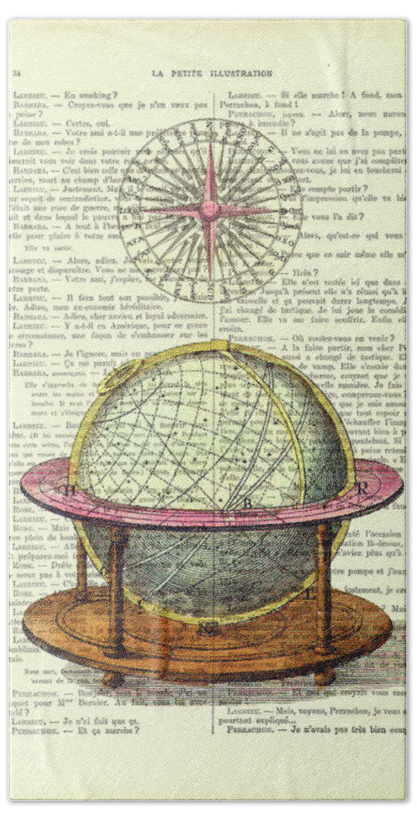 Globe Hand Towel featuring the digital art Antique world globe and compass by Madame Memento