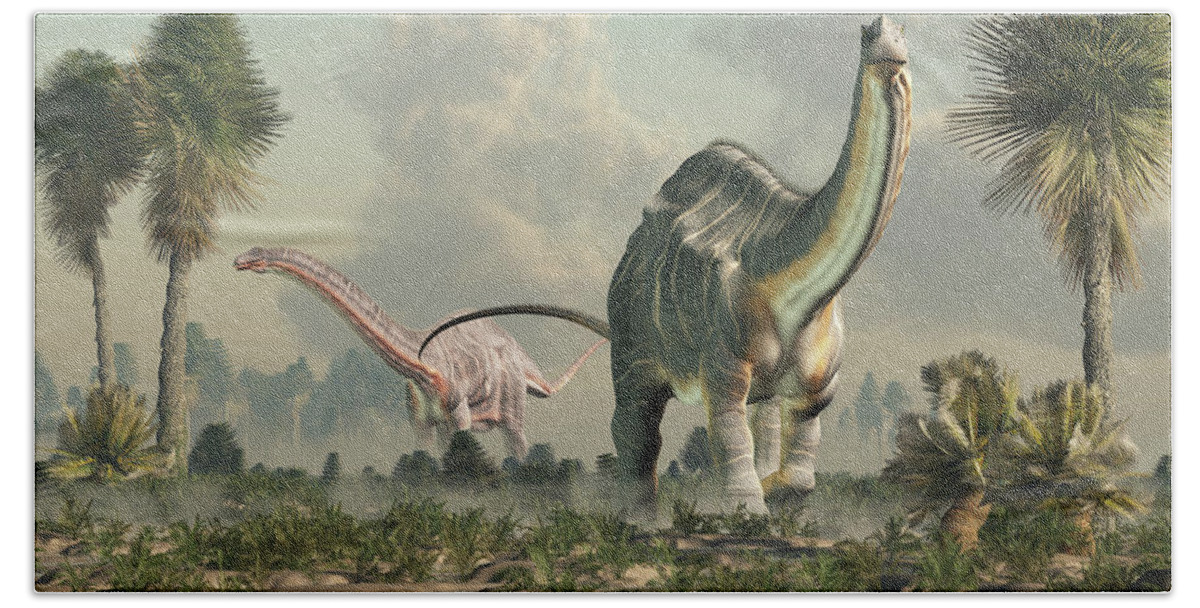 Apatosaurus Bath Towel featuring the digital art Apatosauruses in a Wetland by Daniel Eskridge