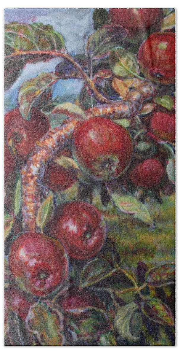 Red Apple Tree Hand Towel featuring the painting Apple Tree by Veronica Cassell vaz