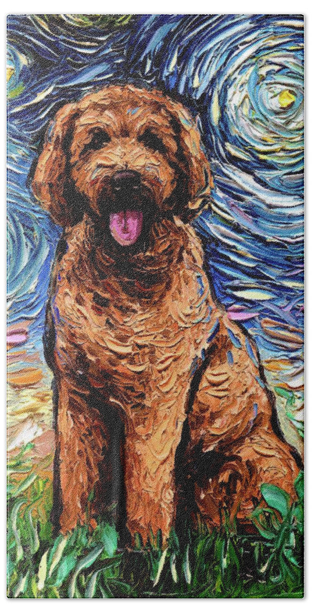 Apricot Bath Towel featuring the painting Apricot Goldendoodle by Aja Trier