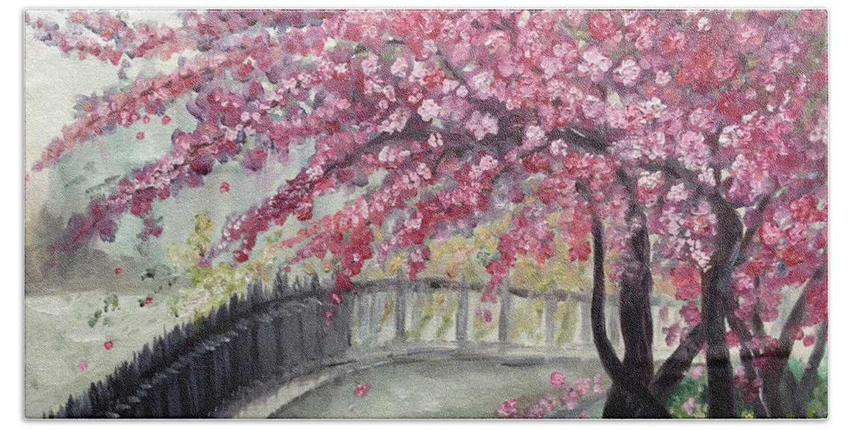 Paris Bath Towel featuring the painting April in Paris Cherry Blossoms by Roxy Rich