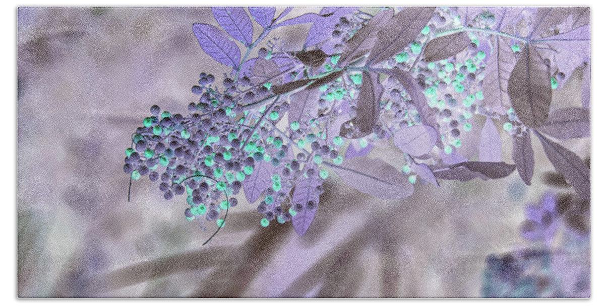 Tree Bath Towel featuring the photograph Aqua Berries on Purple by Missy Joy