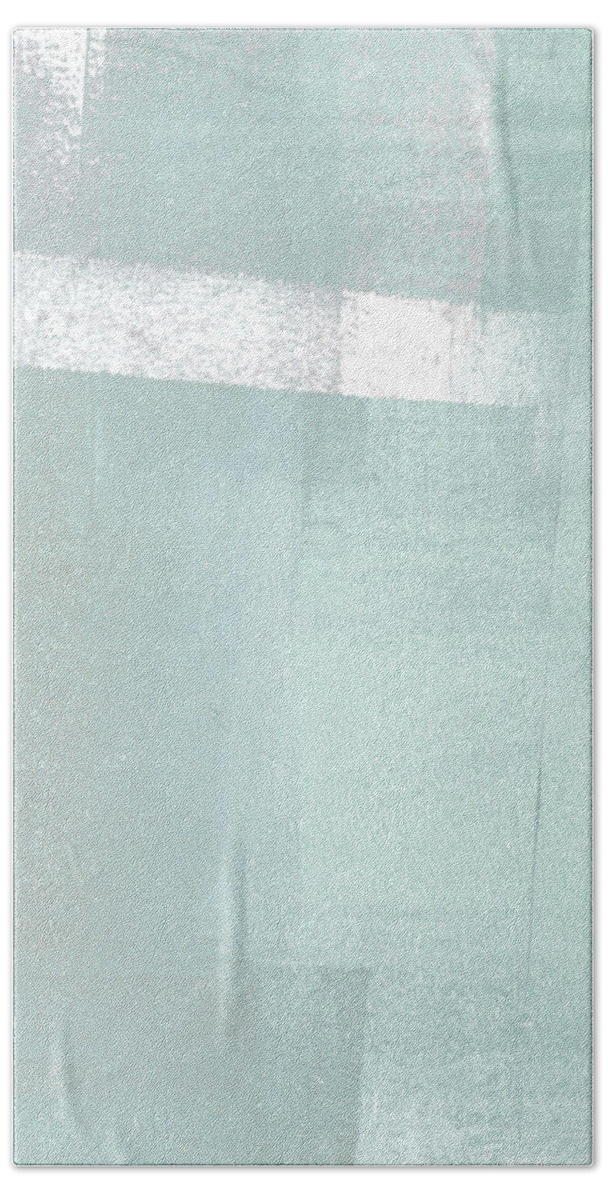 Aqua Bath Towel featuring the painting Aqua Horizon 3 Minimalist Abstract Seascape Painting by Janine Aykens