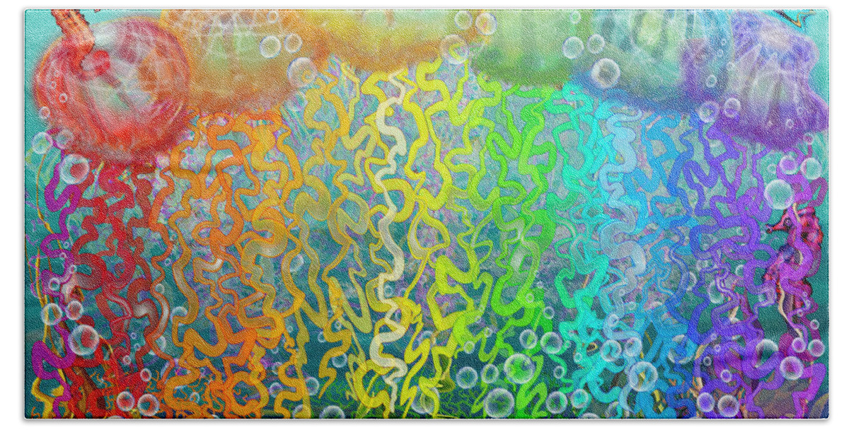 Aquatic Bath Towel featuring the digital art Aqua Jellyfish Rainbow Fantasy by Kevin Middleton