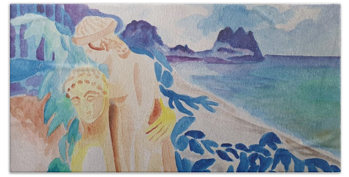 Classical Greek Sculpture Hand Towel featuring the painting Archaic Couple and the Sea by Enrico Garff