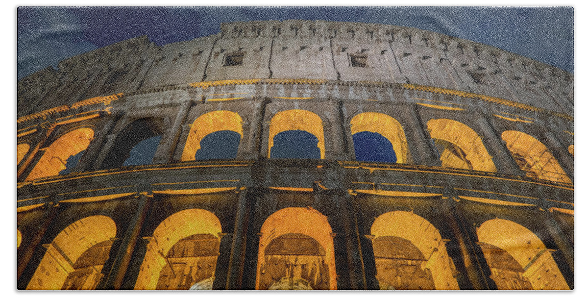 Colosseum Hand Towel featuring the photograph Arches of the Colosseum at Night by Artur Bogacki