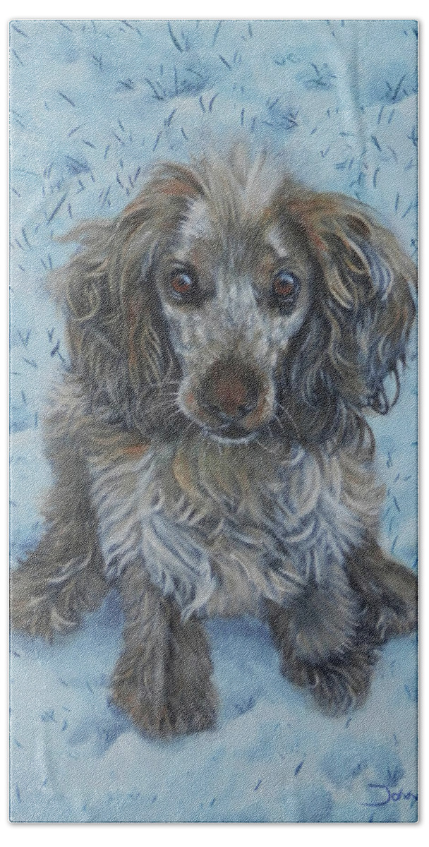 Cocker Hand Towel featuring the painting Archie in the Snow by John Neeve