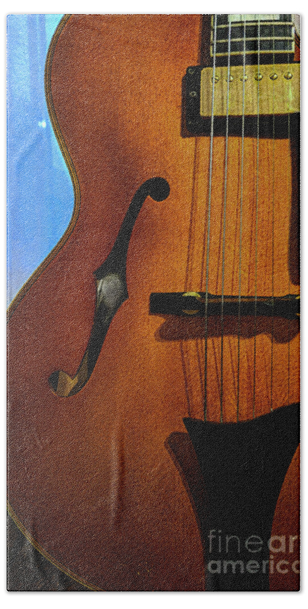 Jazz Bath Towel featuring the mixed media Archtop Guitar Detail by Bentley Davis