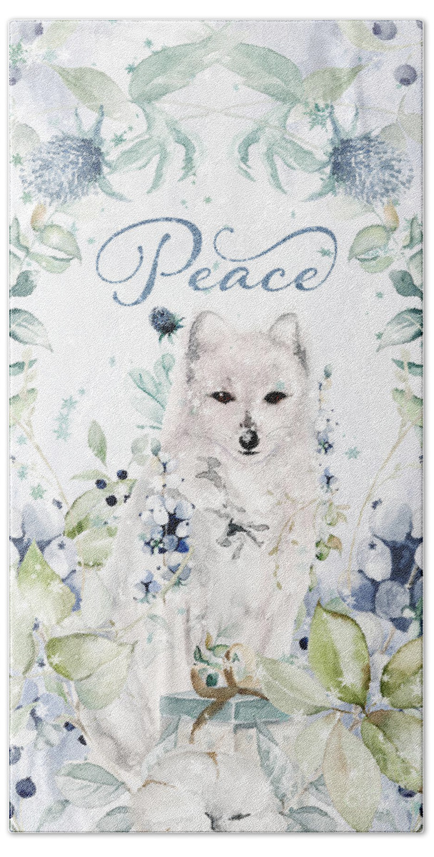 Holiday Card Hand Towel featuring the digital art Arctic Fox Peace Card and Art by Anita Pollak
