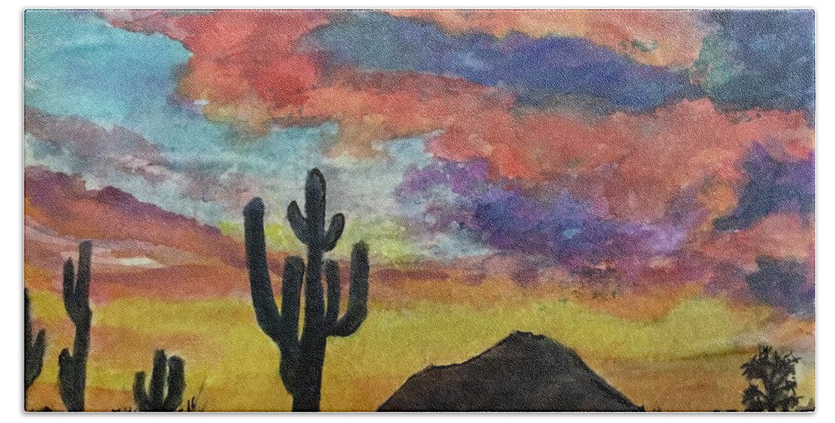Casa Grande Hand Towel featuring the painting Arizona Sunset by Cheryl Wallace