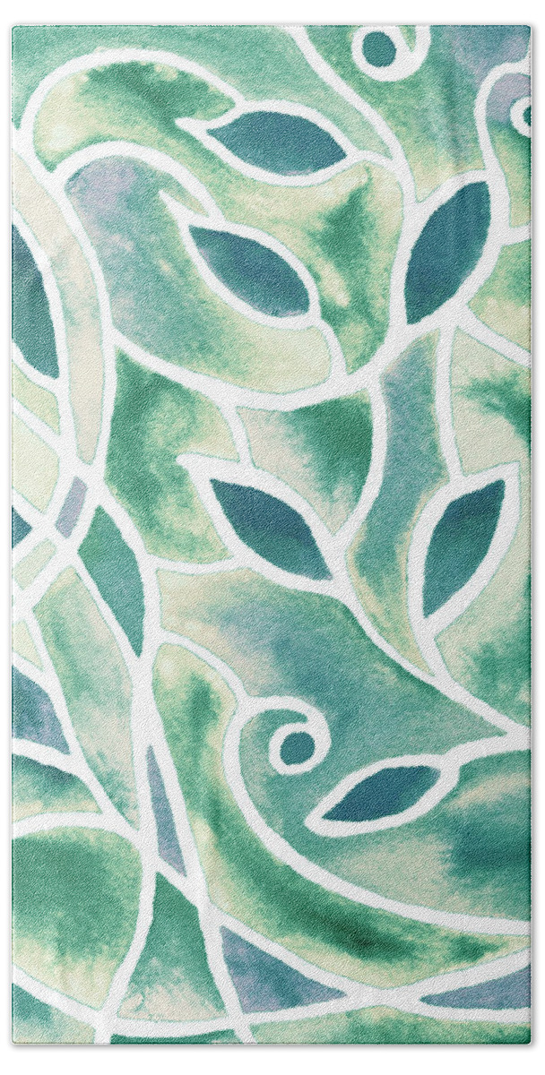 Teal Leaves Bath Towel featuring the painting Art Nouveau Batik Style Leaves And Lines Teal Pattern Watercolor by Irina Sztukowski