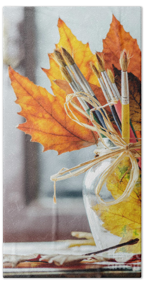 Art Hand Towel featuring the photograph Art paintbrushes and autumn leaves by Jelena Jovanovic