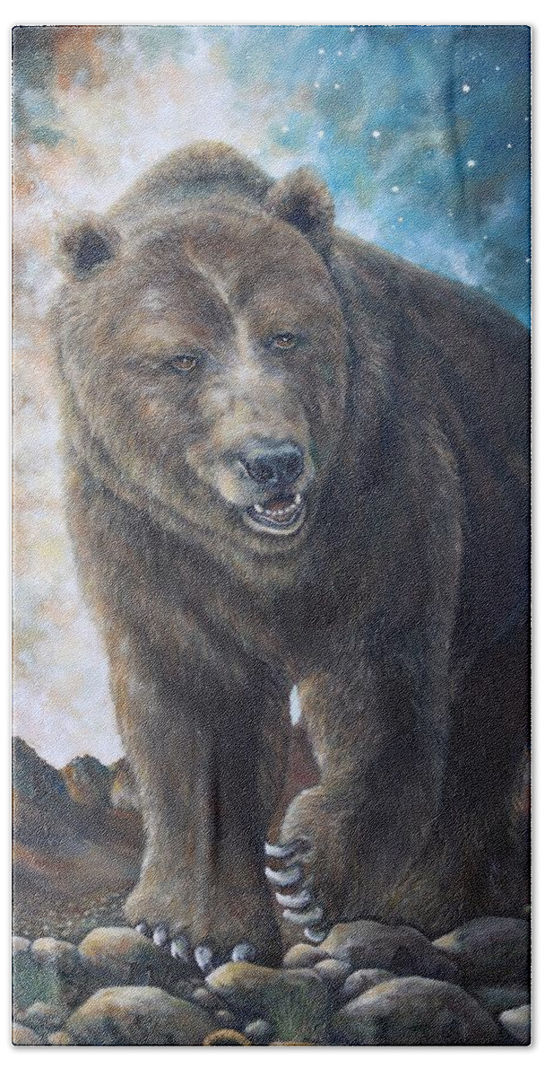Grizzly Bear Bath Towel featuring the painting Artio by Margot Brassil