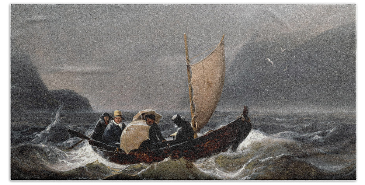 Andreas Achenbach Bath Towel featuring the painting Artists in stormy weather in Sognefjorden, 1834 by O Vaering by Andreas Achenbach
