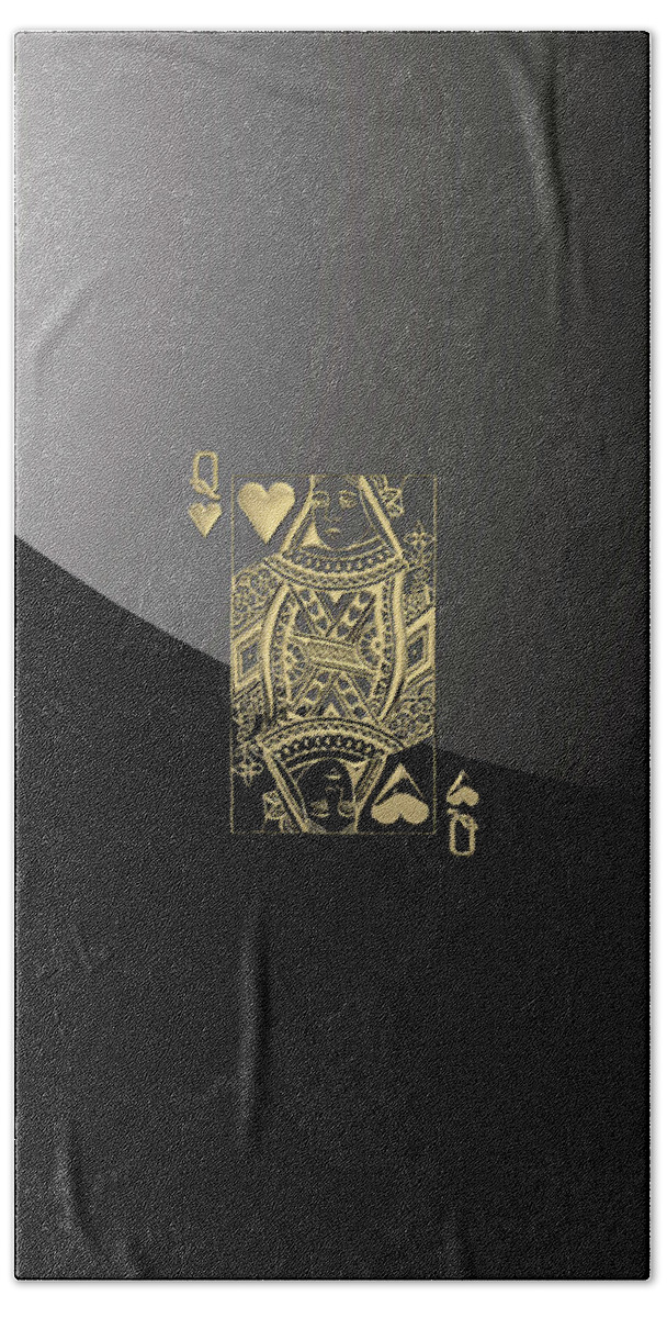 'gamble' Collection By Serge Averbukh Bath Towel featuring the digital art Queen of Hearts in Gold on Black by Serge Averbukh
