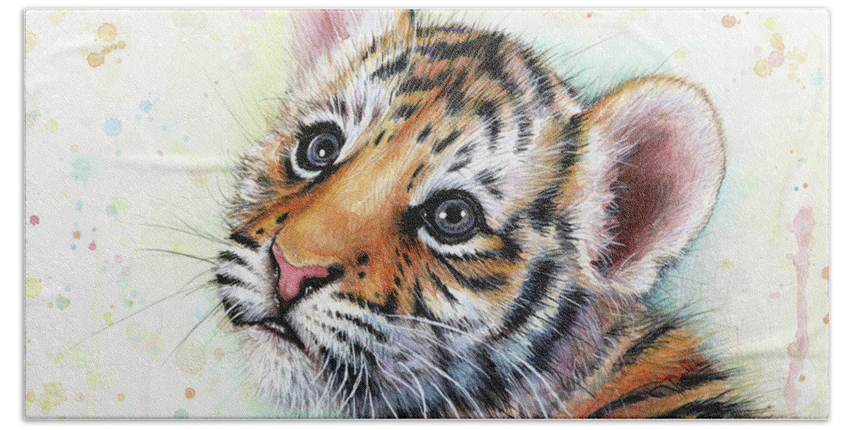 Tiger Bath Sheet featuring the painting Tiger Cub Watercolor Painting by Olga Shvartsur