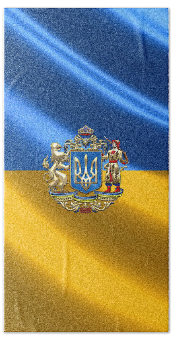 World Heraldry Collection By Serge Averbukh Bath Towel featuring the digital art Ukraine - Proposed Greater Coat of Arms over Ukrainian Flag by Serge Averbukh