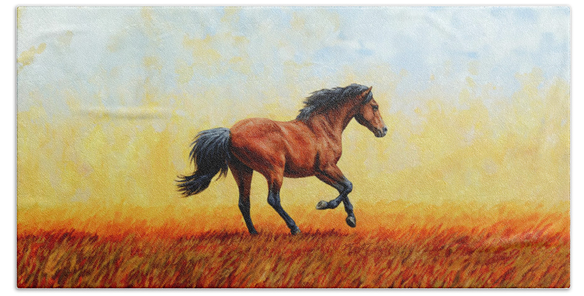 Horse Bath Sheet featuring the painting Running Horse - Evening Fire by Crista Forest