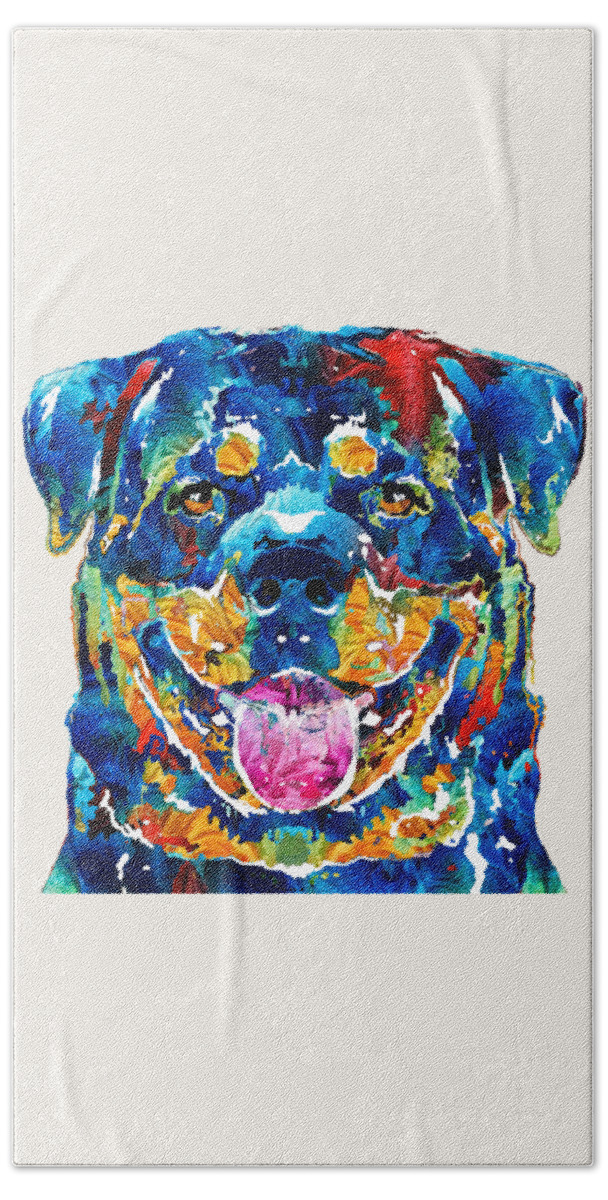 Rottweiler Bath Towel featuring the painting Colorful Rottie Art - Rottweiler by Sharon Cummings by Sharon Cummings