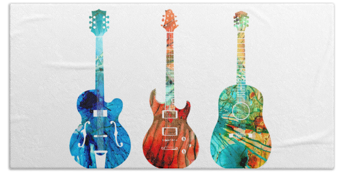 Guitar Bath Towel featuring the painting Abstract Guitars by Sharon Cummings by Sharon Cummings