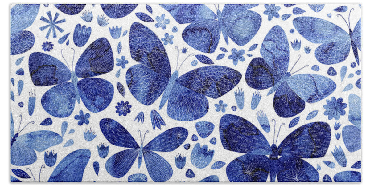 Watercolor Bath Towel featuring the painting Blue Butterflies by Nic Squirrell