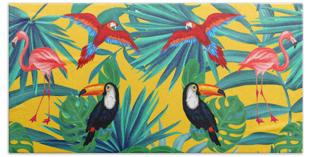 Parrot Hand Towel featuring the digital art Yellow Tropic by Mark Ashkenazi