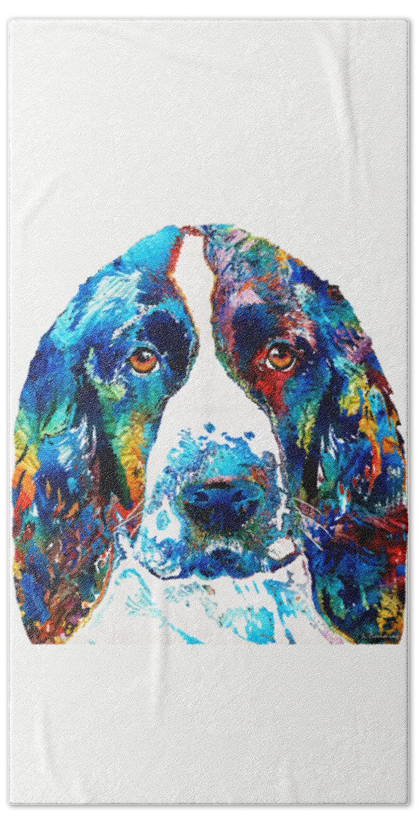 Dog Bath Towel featuring the painting Colorful English Springer Spaniel Dog by Sharon Cummings by Sharon Cummings