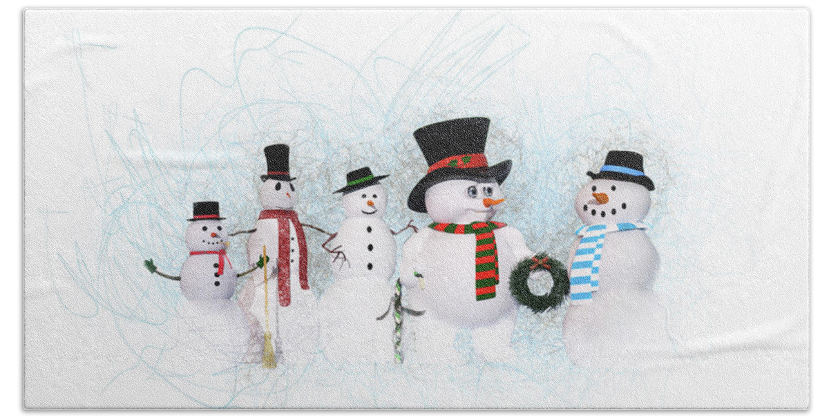 Snowmen Bath Towel featuring the painting Snowmen by Two Hivelys