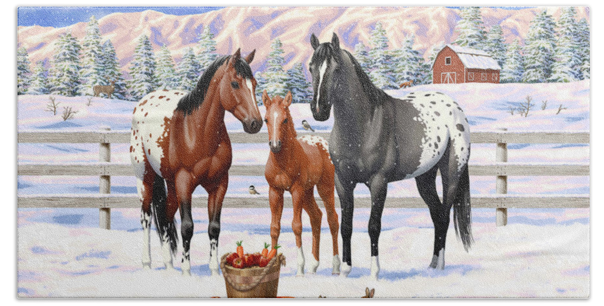 Horses Hand Towel featuring the painting Appaloosa Horses In Winter Ranch Corral by Crista Forest