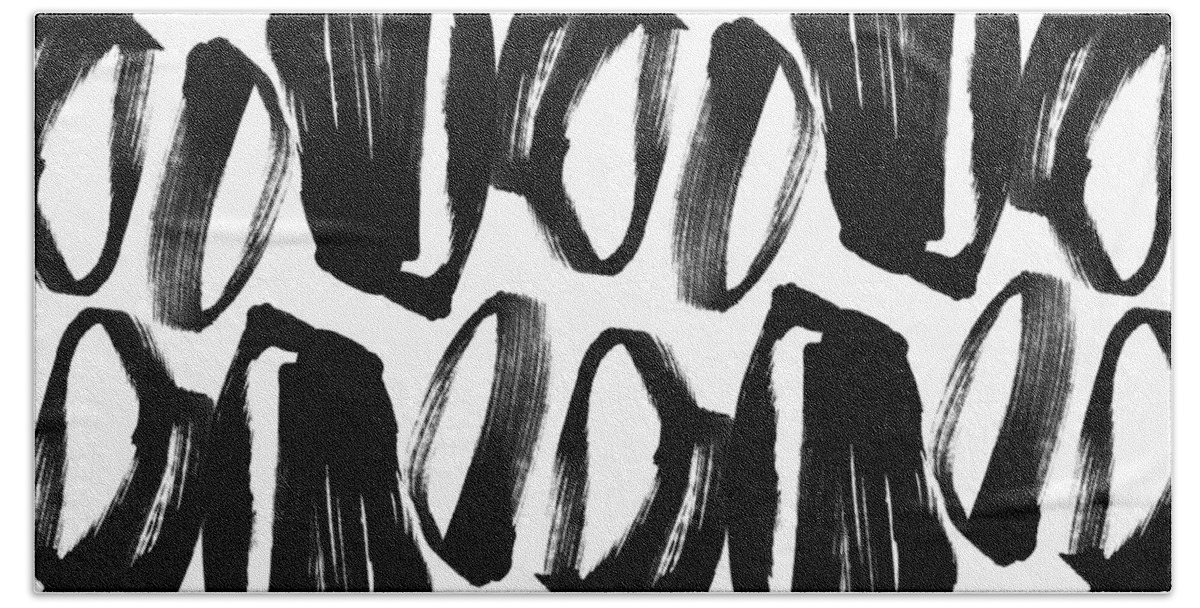 Black And White Bath Towel featuring the painting Ink Shapes Black and White Abstract Painting by Janine Aykens