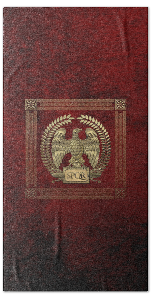 ‘treasures Of Rome’ Collection By Serge Averbukh Bath Towel featuring the digital art Roman Empire - Gold Imperial Eagle over Red Velvet by Serge Averbukh