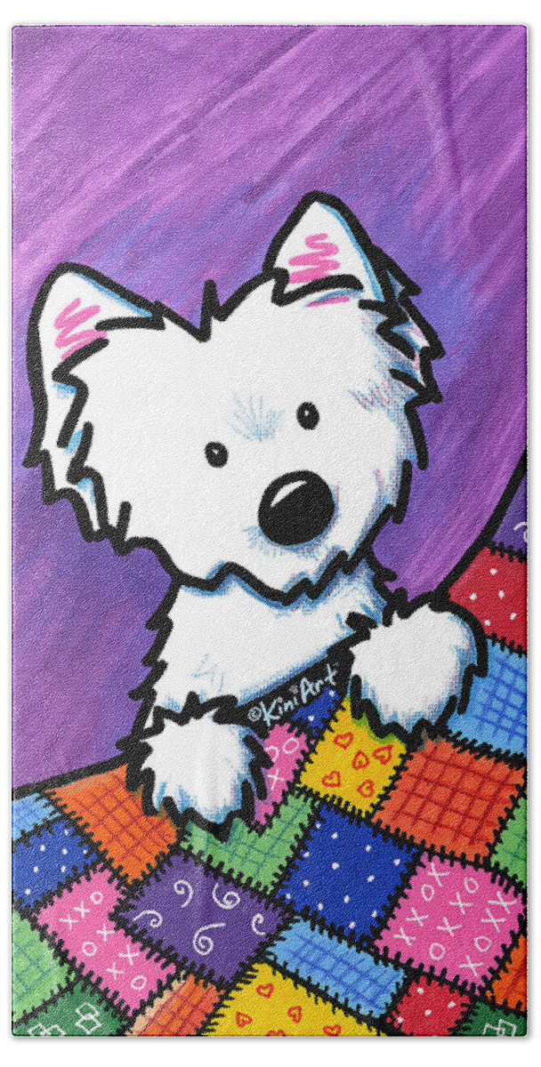 Westie Hand Towel featuring the painting KiniArt Westie Patchwork Quilt by Kim Niles aka KiniArt