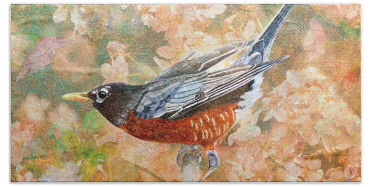 American Robin Bath Towel featuring the painting Surrounded In Bloom by Angeles M Pomata