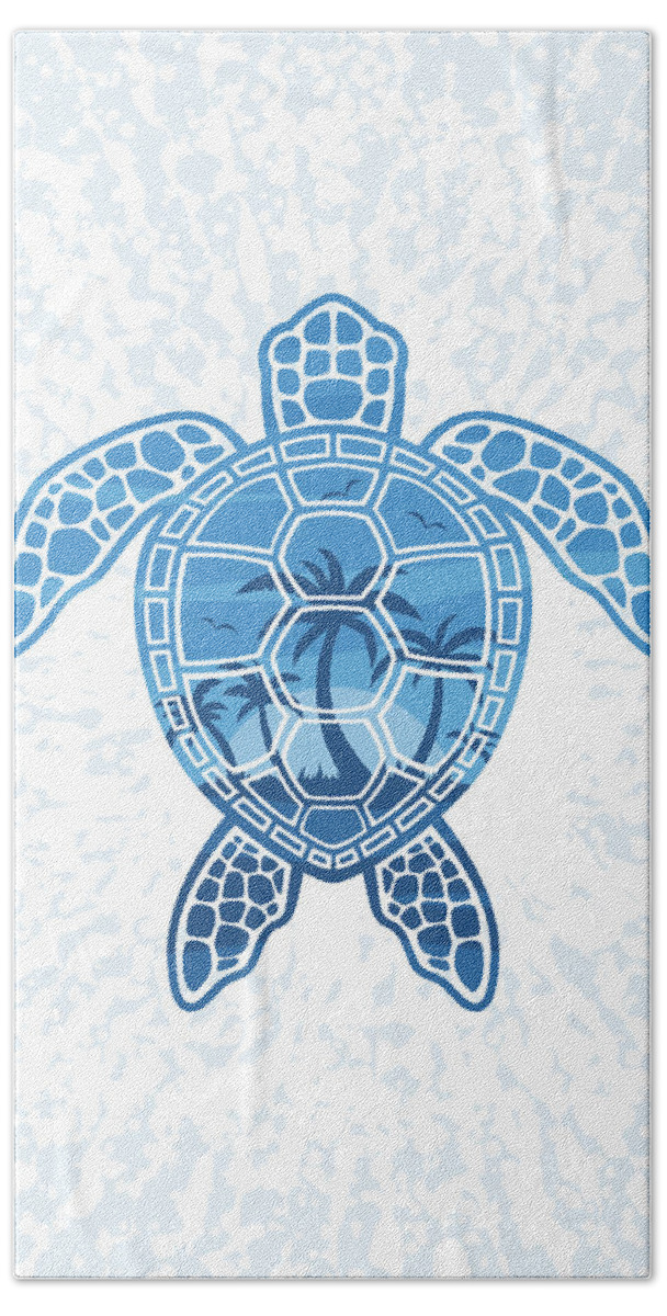 Blue Hand Towel featuring the digital art Tropical Island Sea Turtle Design in Blue by John Schwegel