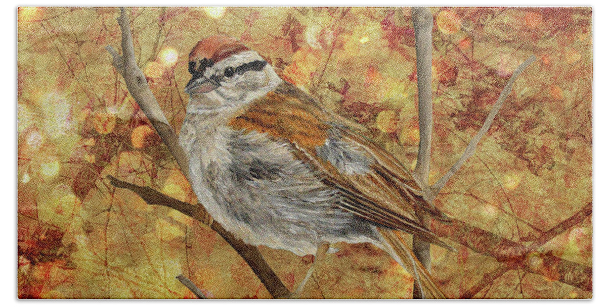 Chipping Sparrow Hand Towel featuring the painting Sparkles In The Bower by Angeles M Pomata