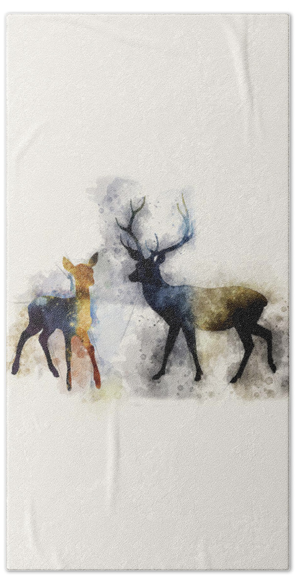 Harry Potter Hand Towel featuring the painting Harry Potter Patronus Stag and Deer Watercolor by Ink Well