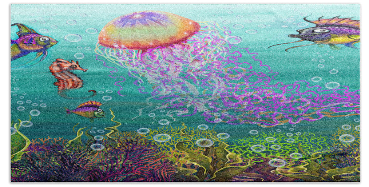 Aquatic Hand Towel featuring the digital art Aquatic Fantasy Scene with Jellyfish by Kevin Middleton