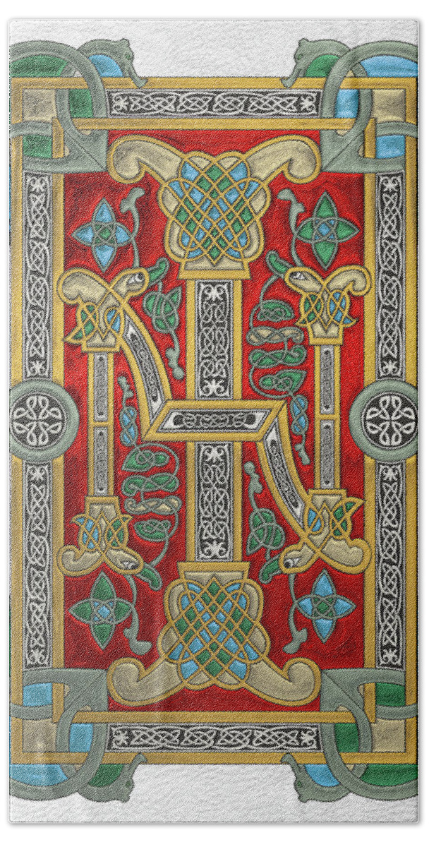 ‘celtic Treasures’ Collection By Serge Averbukh Bath Towel featuring the digital art Ancient Celtic Runes of Hospitality and Potential - Illuminated Plate over White Leather by Serge Averbukh