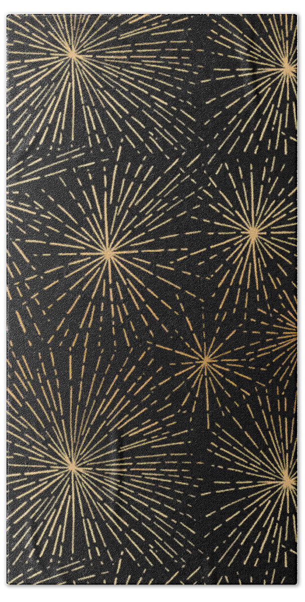 Modern Hand Towel featuring the painting Faux Gold and Black Modern Starburst Pattern - Art by Jen Montgomery by Jen Montgomery