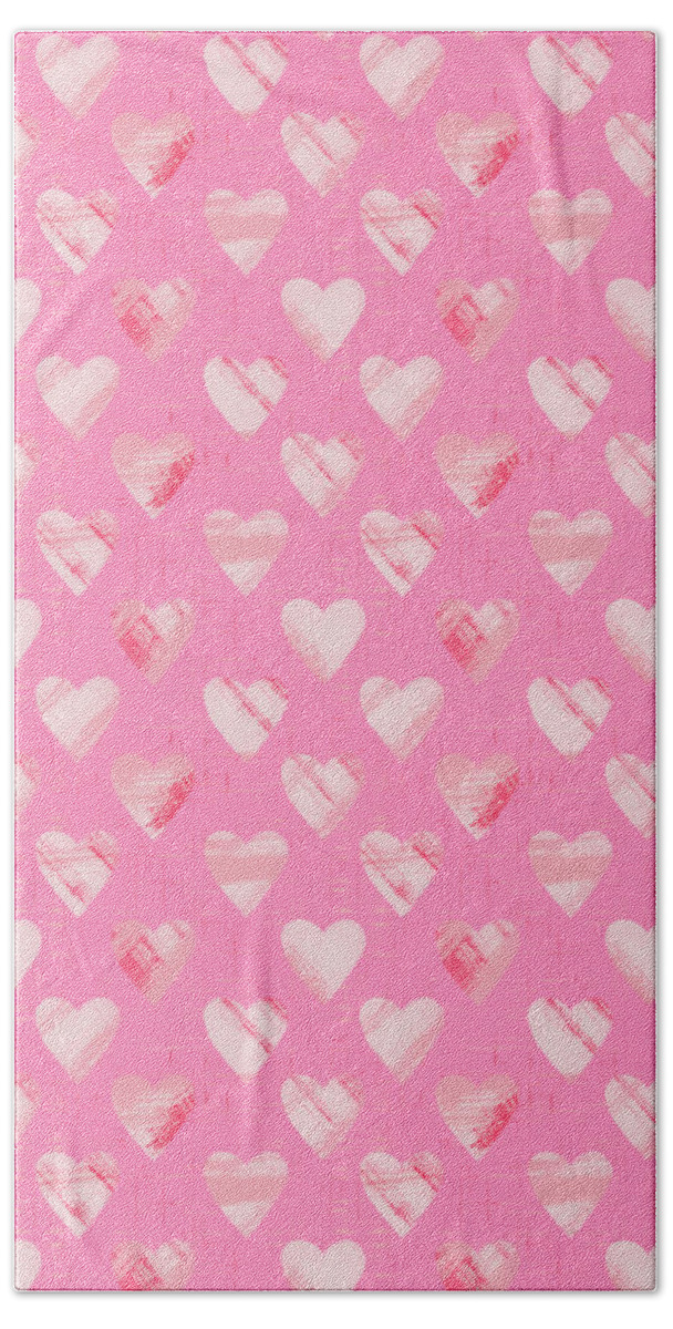 Pattern Bath Towel featuring the painting Abstract Pink Heart Pattern - Art by Jen Montgomery by Jen Montgomery