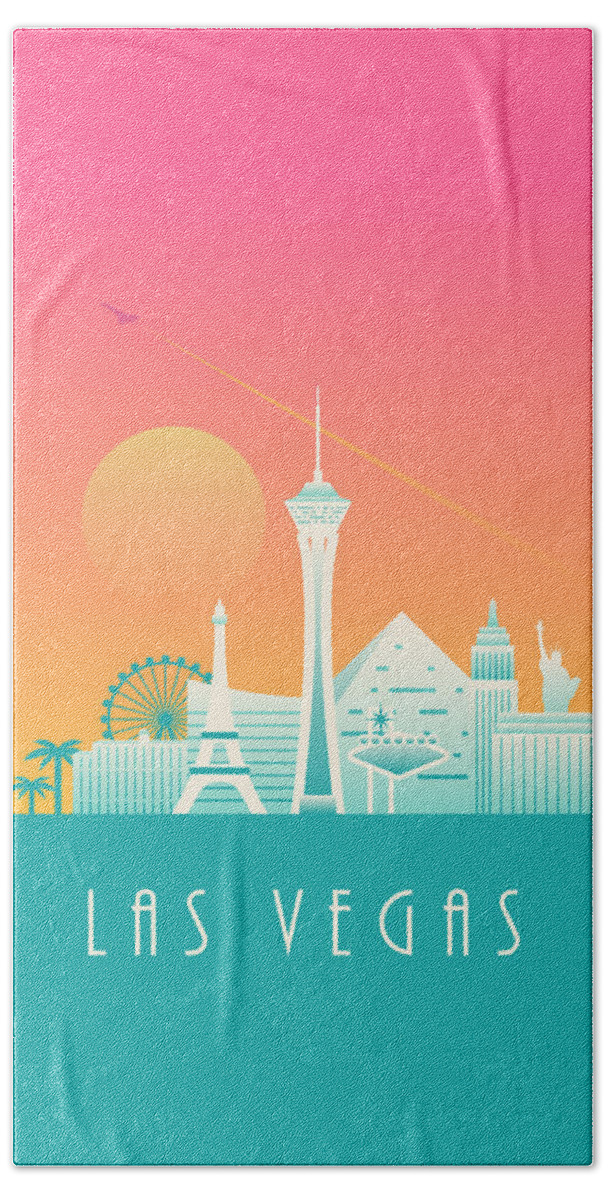 Las Vegas Hand Towel featuring the digital art Las Vegas City Skyline Retro Art Deco - Morning by Organic Synthesis