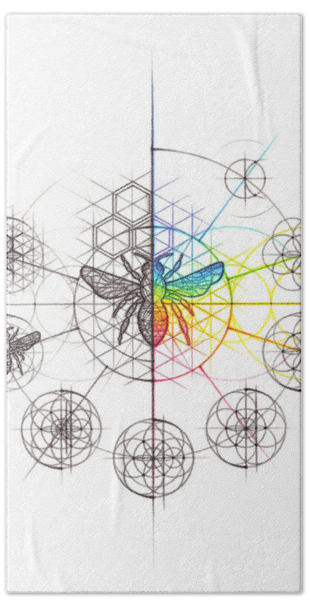Bee Hand Towel featuring the drawing Intuitive Geometry Bee with steps by Nathalie Strassburg
