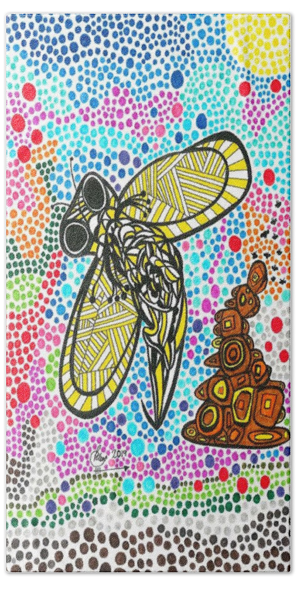 Bumble Bee Bath Towel featuring the drawing Funky Bee by Peter Johnstone