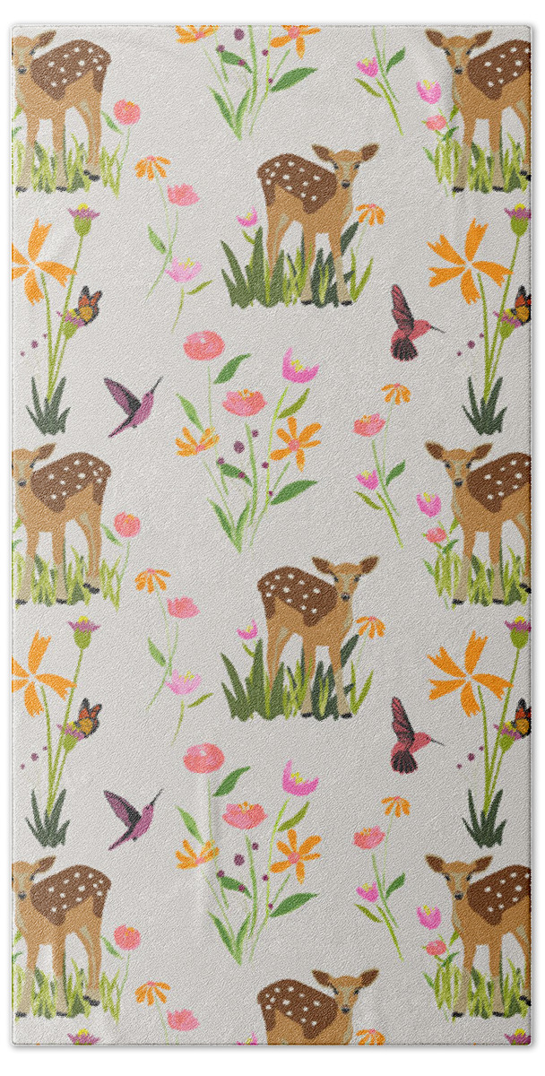 Hummingbirds Hand Towel featuring the digital art Fawn with Wildflowers and Humming birds by Ashley Lane