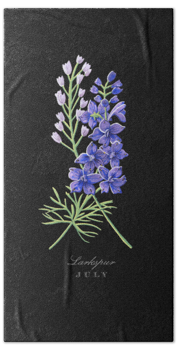 Larkspur Hand Towel featuring the painting Larkspur July Birth Month Flower Botanical Print on Black - Art by Jen Montgomery #2 by Jen Montgomery
