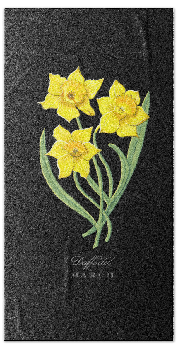 Daffodil Bath Towel featuring the painting Daffodil March Birth Month Flower Botanical Print on Black - Art by Jen Montgomery by Jen Montgomery